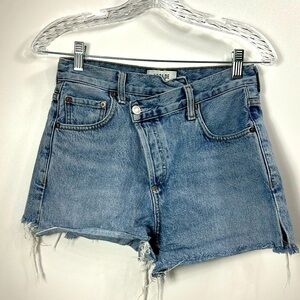 AGOLDE criss cross button fly denim shorts raw hem size 23